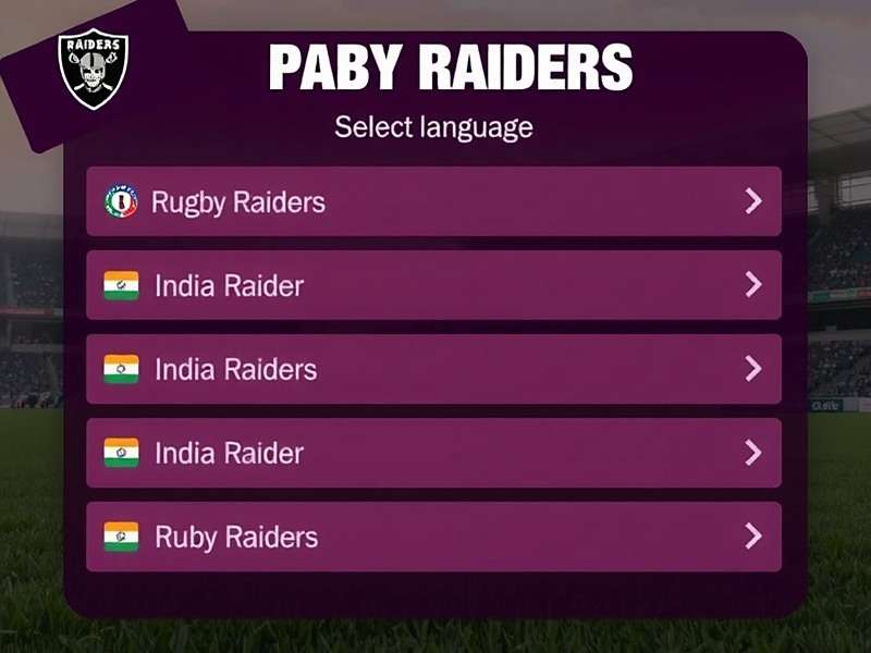 Rugby Raiders language selection screen showing multiple Indian language options